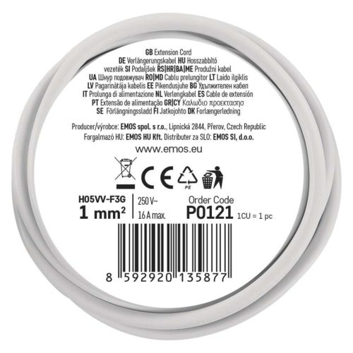EMOS P0121, Hosszabbító 1,4 m  /  1 aljzat  /  fehér  /  PVC  /  1 mm2