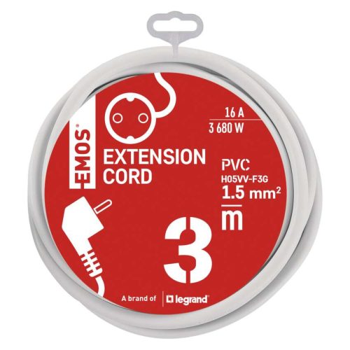 EMOS P0123R, Hosszabbító 3 m / 1 aljzat / fehér / PVC / 1,5 mm2