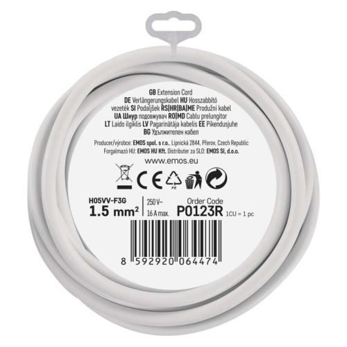 EMOS P0123R, Hosszabbító 3 m / 1 aljzat / fehér / PVC / 1,5 mm2