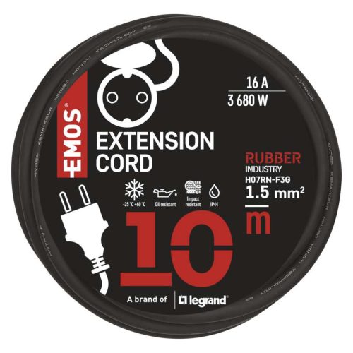 EMOS P01810, Hosszabbító 10 m / 1 aljzat / fekete / gumi-neoprén / 250 V / 1,5 mm2