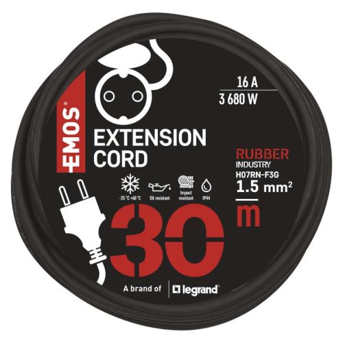 EMOS P01830, Hosszabbító 30 m / 1 aljzat / fekete / gumi-neoprén / 250 V / 1,5 mm2