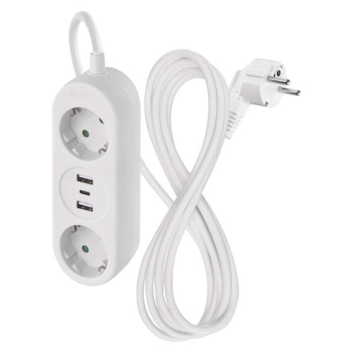 EMOS P02214E, Hosszabbító 1,4 m / 2 aljzat+2×USB-A+1×USB-C / fehér / PVC / 1,5 mm2