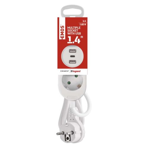 EMOS P02214E, Hosszabbító 1,4 m / 2 aljzat+2×USB-A+1×USB-C / fehér / PVC / 1,5 mm2