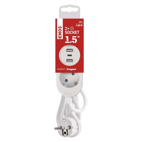 EMOS P0221U, HOSSZABBÍTÓ 2ALJ-+2×USB A+1×USB C, 1,5M