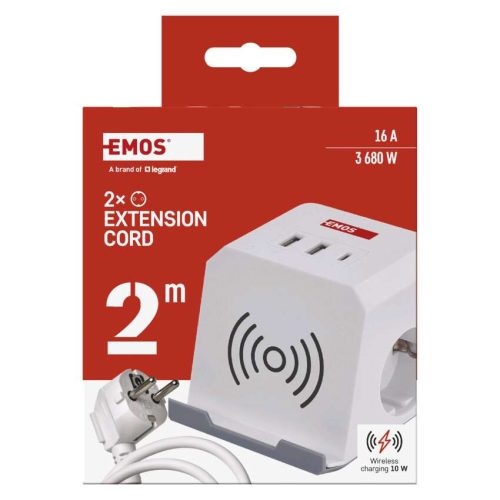 EMOS P0222CQ, Hosszabbító - kocka 2 m / 2 aljzat / fehér / 2×USB-A+1×USB-C+Qi / 1,5 mm2