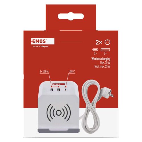 EMOS P0222CQ, Hosszabbító - kocka 2 m / 2 aljzat / fehér / 2×USB-A+1×USB-C+Qi / 1,5 mm2