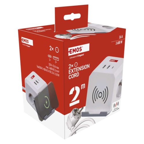 EMOS P0222CQ, Hosszabbító - kocka 2 m / 2 aljzat / fehér / 2×USB-A+1×USB-C+Qi / 1,5 mm2