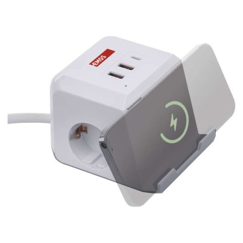 EMOS P0222CQ, Hosszabbító - kocka 2 m / 2 aljzat / fehér / 2×USB-A+1×USB-C+Qi / 1,5 mm2