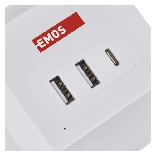 EMOS P0222CQ, Hosszabbító - kocka 2 m / 2 aljzat / fehér / 2×USB-A+1×USB-C+Qi / 1,5 mm2