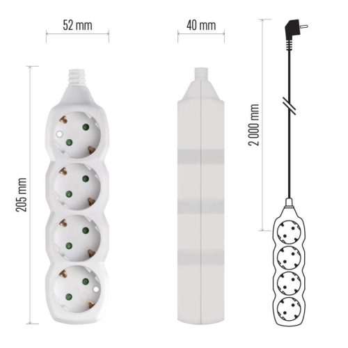 EMOS P0422, Hosszabbító 2 m  /  4 aljzat  /  fehér  /  PVC  /  1 mm2