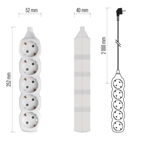 EMOS P0522, Hosszabbító 2 m  /  5 aljzat  /  fehér  /  PVC  /  1 mm2
