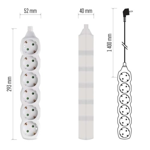 EMOS P0621, Hosszabbító 1,4 m  /  6 aljzat  /  fehér  /  PVC  /  1 mm2