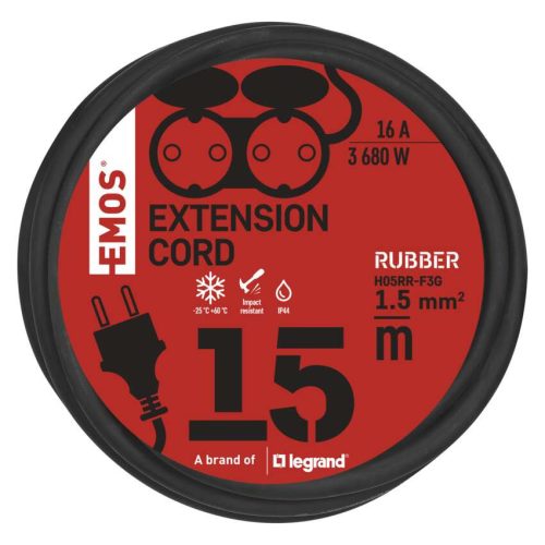 EMOS P0702, Hosszabbító 15 m / 2 aljzat / fekete / gumi / 250 V / 1,5 mm2