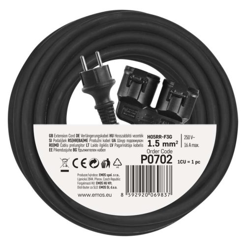 EMOS P0702, Hosszabbító 15 m / 2 aljzat / fekete / gumi / 250 V / 1,5 mm2