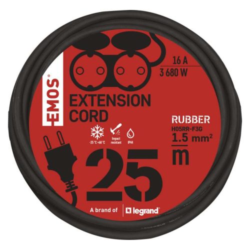 EMOS P0704, Hosszabbító 25 m / 2 aljzat / fekete / gumi / 250 V / 1,5 mm2