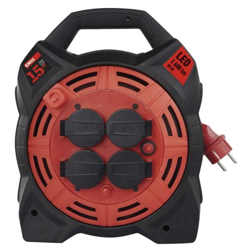 EMOS P08215, Kültéri kábeldob 15 m / 4 aljzat / gumi-neoprén / 230 V / 1,5 mm2 LED fényvisszaverővel