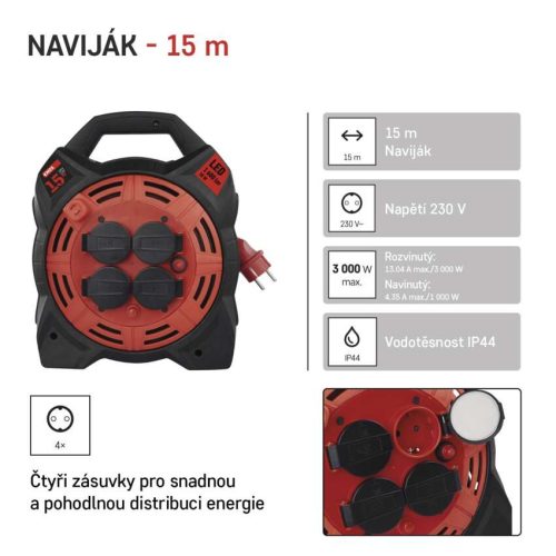 EMOS P08215, Kültéri kábeldob 15 m / 4 aljzat / gumi-neoprén / 230 V / 1,5 mm2 LED fényvisszaverővel
