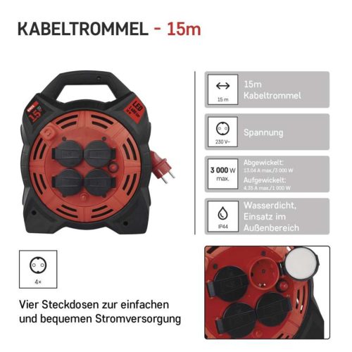EMOS P08215, Kültéri kábeldob 15 m / 4 aljzat / gumi-neoprén / 230 V / 1,5 mm2 LED fényvisszaverővel