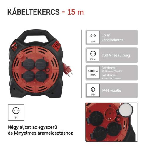 EMOS P08215, Kültéri kábeldob 15 m / 4 aljzat / gumi-neoprén / 230 V / 1,5 mm2 LED fényvisszaverővel