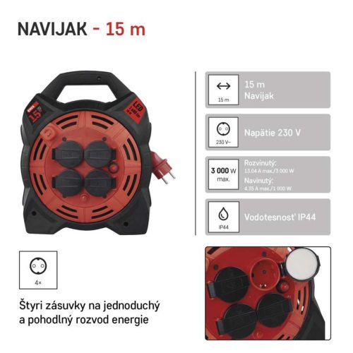 EMOS P08215, Kültéri kábeldob 15 m / 4 aljzat / gumi-neoprén / 230 V / 1,5 mm2 LED fényvisszaverővel