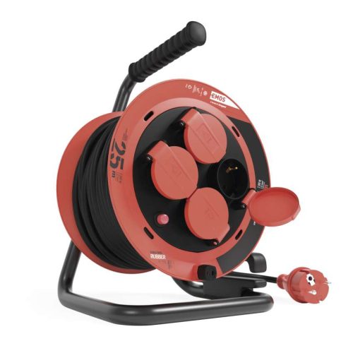 EMOS P082251, Kültéri kábeldob 25 m / 4 aljzat / fekete / gumi / 230V/400V / 1,0 mm2