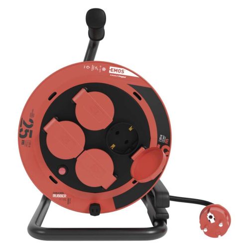 EMOS P082251, Kültéri kábeldob 25 m / 4 aljzat / fekete / gumi / 230V/400V / 1,0 mm2