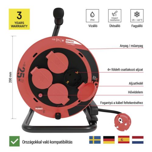 EMOS P082251, Kültéri kábeldob 25 m / 4 aljzat / fekete / gumi / 230V/400V / 1,0 mm2