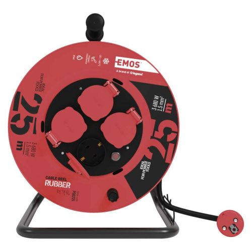 EMOS P08225, Kültéri kábeldob 25 m / 4 aljzat / fekete / gumi / 230 V / 1,5 mm2