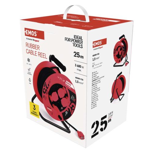 EMOS P08225, Kültéri kábeldob 25 m / 4 aljzat / fekete / gumi / 230 V / 1,5 mm2