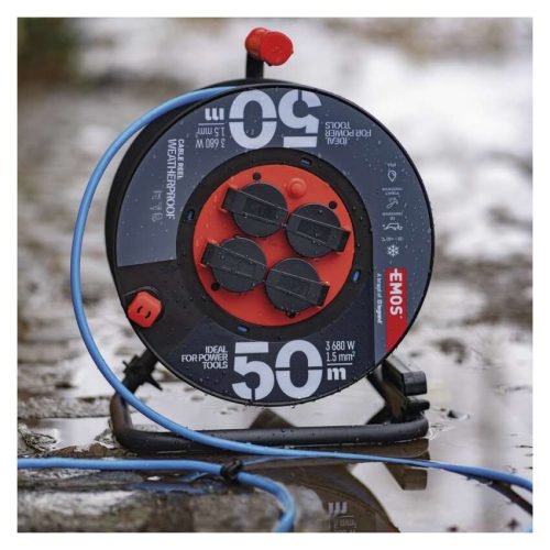 EMOS P08650W, Weatherproof kábeltekercs 50 m / 4 aljzat / kék / szilikon / 230 V / 1,5 mm2