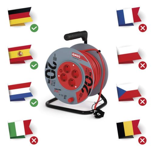 EMOS P09220, Kábeldob 20 m / 4 aljzat / piros / PVC / 230 V / 1 mm2