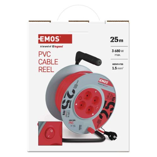 EMOS P092251, Kábeldob 25 m / 4 aljzat / piros / PVC / 230 V / 1,5 mm2