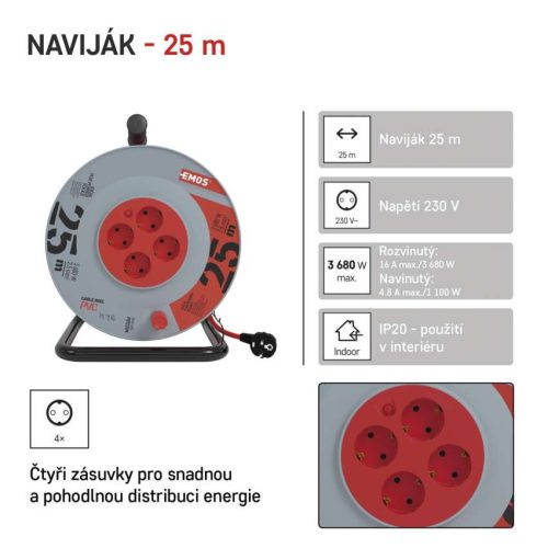 EMOS P09225M, Kábeldob 25 m / 4 aljzat / fekete / PVC / 230 V / 2,5 mm2