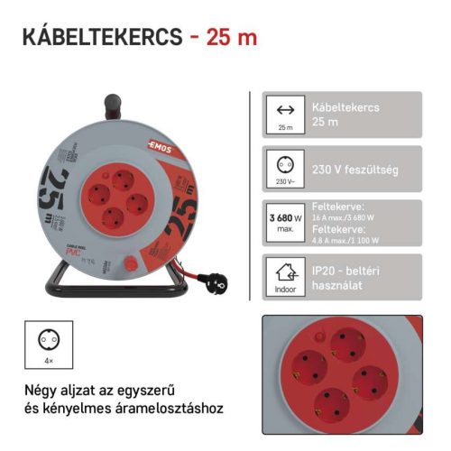 EMOS P09225M, Kábeldob 25 m / 4 aljzat / fekete / PVC / 230 V / 2,5 mm2