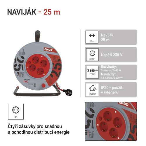 EMOS P09225, Kábeldob 25 m / 4 aljzat / narancssárga / PVC / 230 V / 1,5 mm2