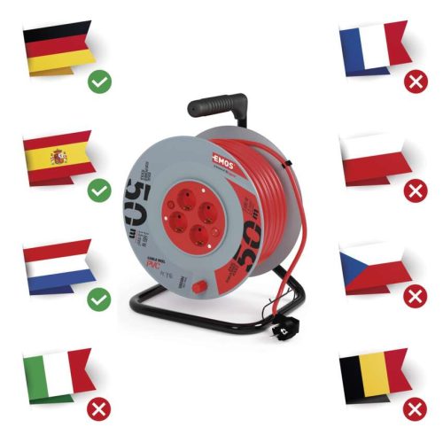 EMOS P092501, Kábeldob 50 m / 4 aljzat / piros / PVC / 230 V / 1,5 mm2