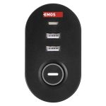 EMOS P1321PD, Hosszabbító kábel 1,5 m/3 aljzat/kapcsoló/asztalra szerelhető/USB/fekete/PVC/1,5 mm2 