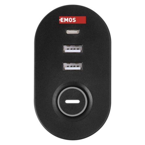 EMOS P1321PD, Hosszabbító kábel 1,5 m/3 aljzat/kapcsoló/asztalra szerelhető/USB/fekete/PVC/1,5 mm2 
