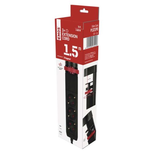 EMOS P1321PD, Hosszabbító kábel 1,5 m/3 aljzat/kapcsoló/asztalra szerelhető/USB/fekete/PVC/1,5 mm2 