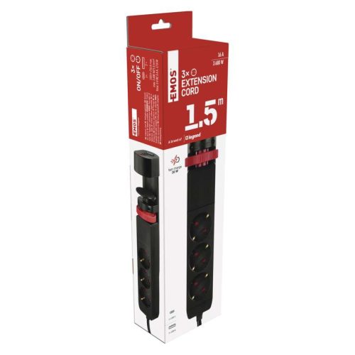 EMOS P1321PD, Hosszabbító kábel 1,5 m/3 aljzat/kapcsoló/asztalra szerelhető/USB/fekete/PVC/1,5 mm2 