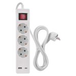 EMOS P1322CU, Hosszabbító 2 m / 3 aljzat / kapcsolós / fehér / 1× USB-A + 1× USB-C  / 1,5 mm2