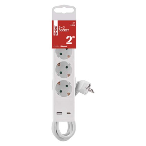 EMOS P1322CU, Hosszabbító 2 m / 3 aljzat / kapcsolós / fehér / 1× USB-A + 1× USB-C  / 1,5 mm2