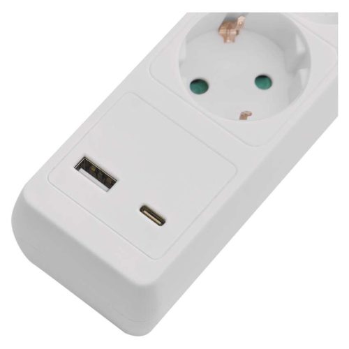 EMOS P1322CU, Hosszabbító 2 m / 3 aljzat / kapcsolós / fehér / 1× USB-A + 1× USB-C  / 1,5 mm2