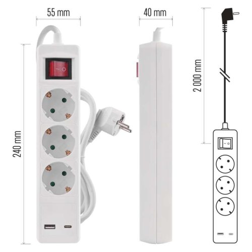 EMOS P1322CU, Hosszabbító 2 m / 3 aljzat / kapcsolós / fehér / 1× USB-A + 1× USB-C  / 1,5 mm2