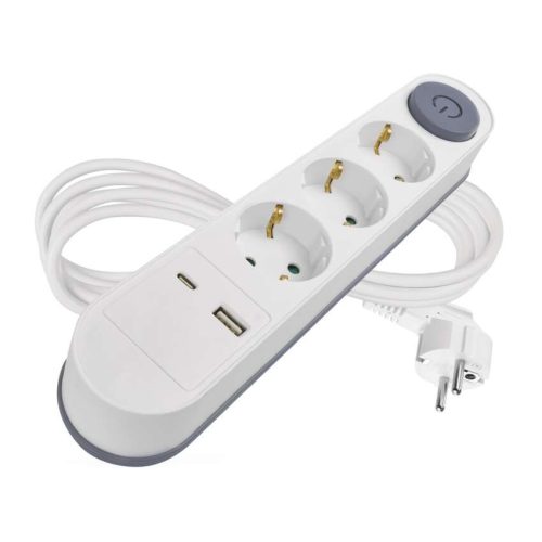 EMOS P1322PD, Hosszabbító 2 m / 3 aljzat / kapcsolós / fehér / 1× USB-A + 1× USB-C  / 1,5 mm2