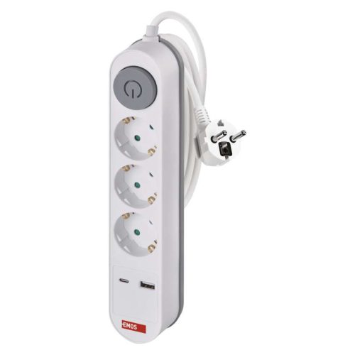 EMOS P1322PD, Hosszabbító 2 m / 3 aljzat / kapcsolós / fehér / 1× USB-A + 1× USB-C  / 1,5 mm2