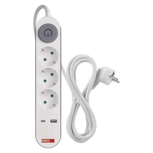 EMOS P1322PD, Hosszabbító 2 m / 3 aljzat / kapcsolós / fehér / 1× USB-A + 1× USB-C  / 1,5 mm2
