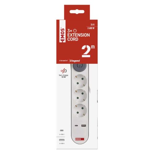 EMOS P1322PD, Hosszabbító 2 m / 3 aljzat / kapcsolós / fehér / 1× USB-A + 1× USB-C  / 1,5 mm2