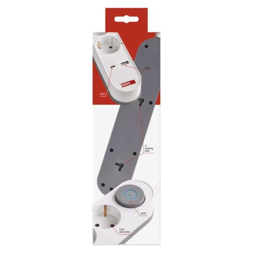 EMOS P1322PD, Hosszabbító 2 m / 3 aljzat / kapcsolós / fehér / 1× USB-A + 1× USB-C  / 1,5 mm2