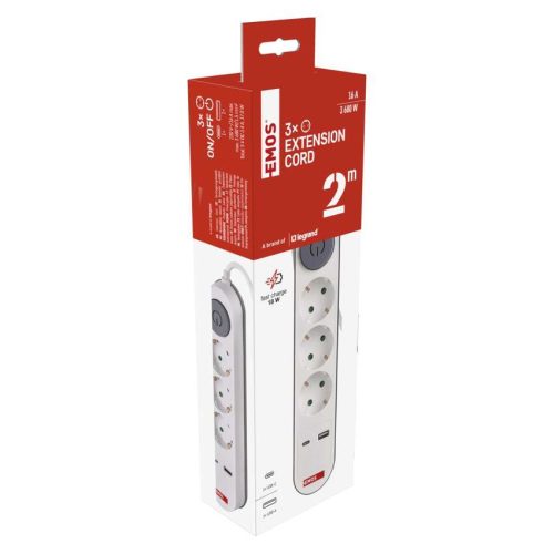 EMOS P1322PD, Hosszabbító 2 m / 3 aljzat / kapcsolós / fehér / 1× USB-A + 1× USB-C  / 1,5 mm2